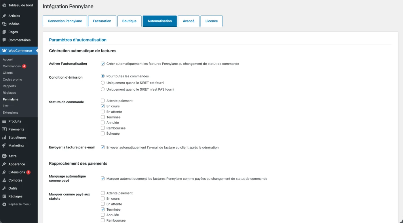 Onglet Automatisation : création automatique des factures au changement de statut, condition d'émission, statuts de commande et envoi par e-mail