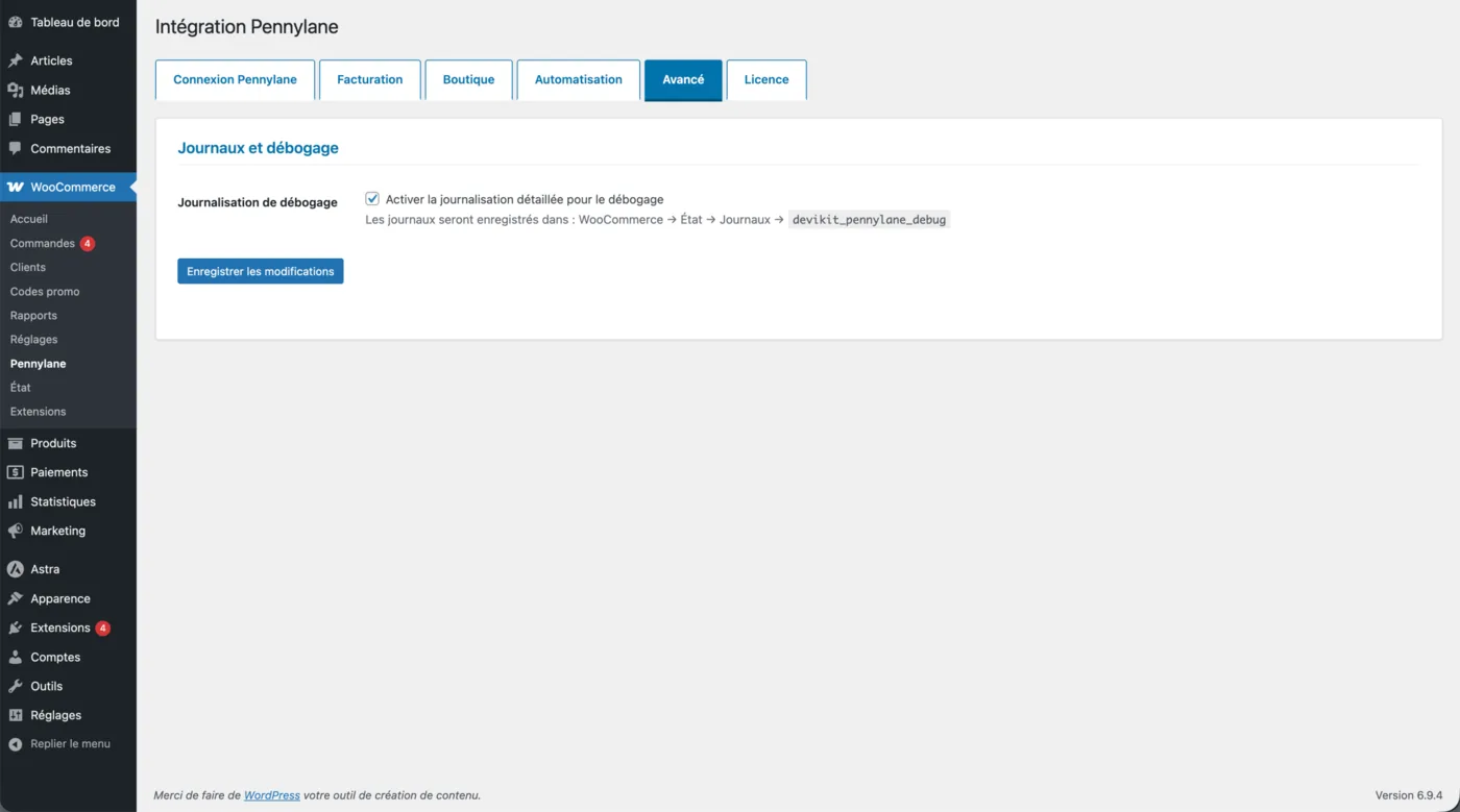 Onglet Avancé : activation de la journalisation détaillée pour le débogage