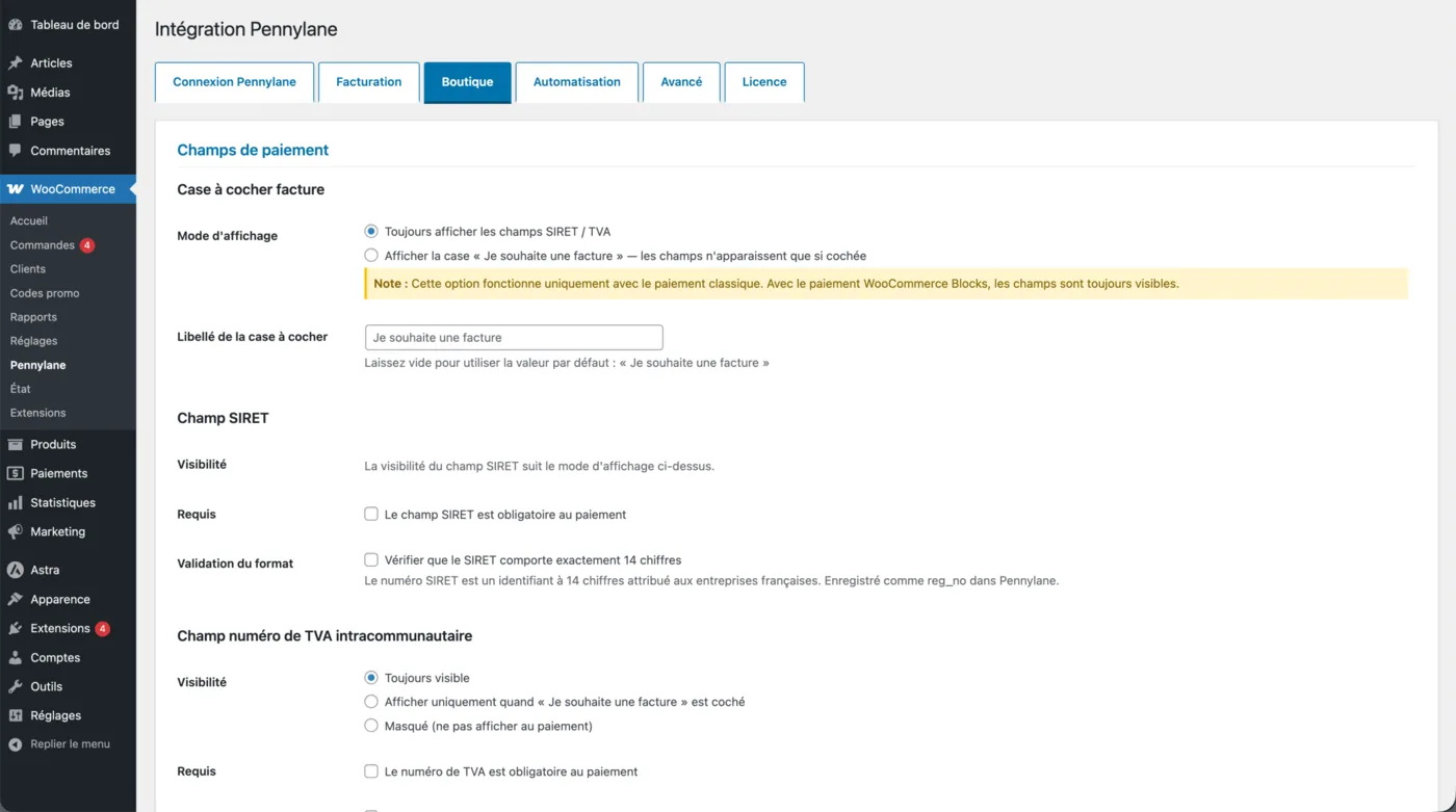 Onglet Boutique : affichage des champs SIRET et TVA, case Je souhaite une facture, champs obligatoires et validation du format