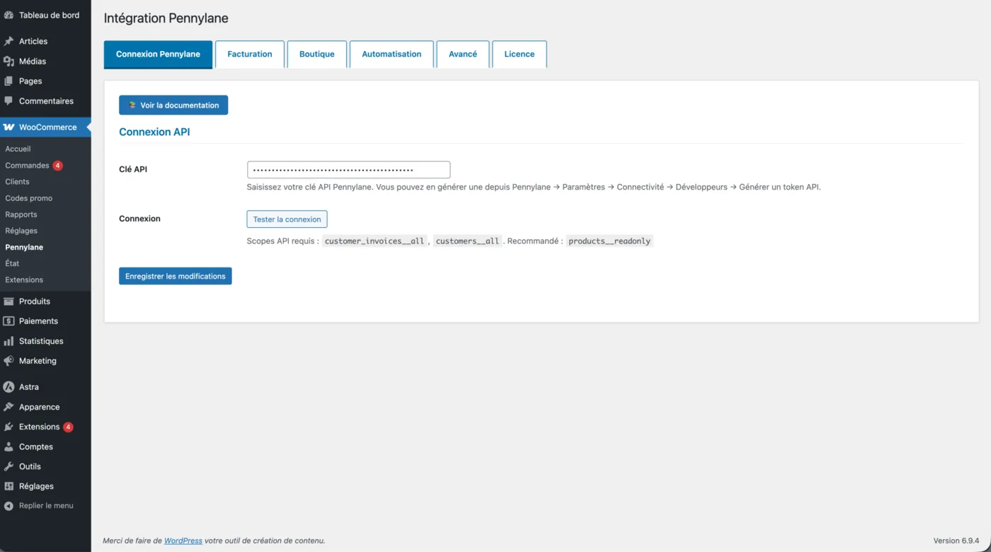 Onglet Connexion Pennylane : clé API, bouton Tester la connexion et autorisations requises du jeton