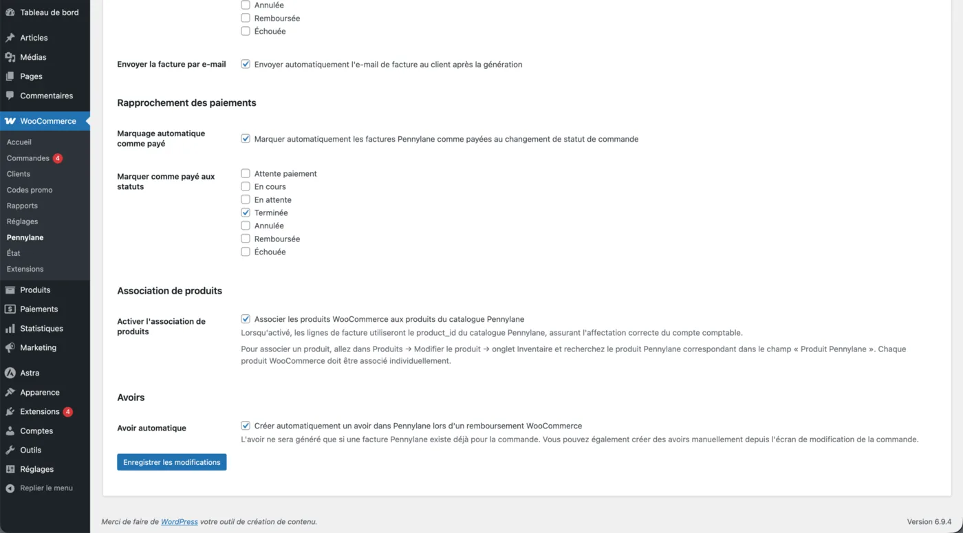 Onglet Automatisation : marquage automatique comme payé, association de produits au catalogue Pennylane et avoir automatique